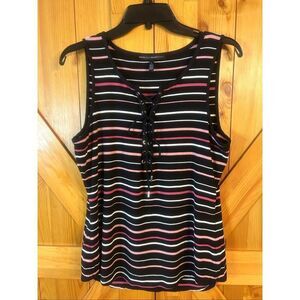 White House Black Market Black Stripe Tie Front Closure Top Size Large (5837)